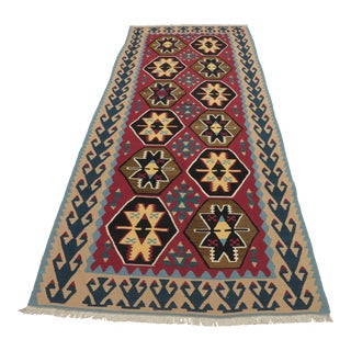 1970s Scandinavian Style Geometric Design Red Handmade Oushak Kilim Runner Rug For Sale