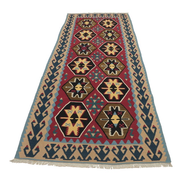 1970s Scandinavian Style Geometric Design Red Handmade Oushak Kilim Runner Rug For Sale