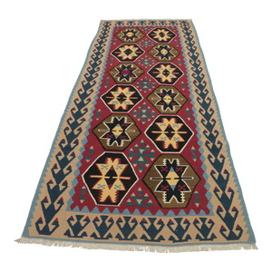 1970s Scandinavian Style Geometric Design Red Handmade Oushak Kilim Runner Rug