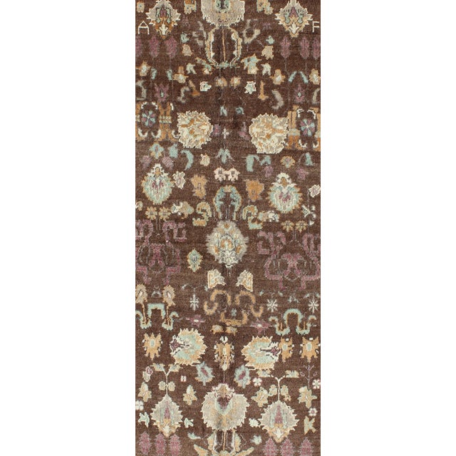 Mid 20th Century Vintage Turkish Oushak Rug in Brown Background With All-Over Floral Design For Sale In Atlanta - Image 6 of 8