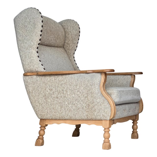 Danish Highback Armchair in Wool and Oak, 1970s For Sale