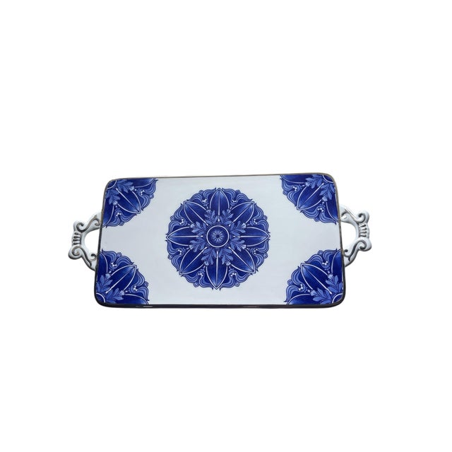 1990s Vintage Bombay Co. Large Blue & White Silver Platinum Trim Stunning Serving Tray For Sale - Image 5 of 5