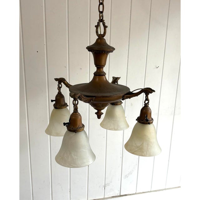 Metal Early 20th-Century Brass 4-Globe Chandelier For Sale - Image 7 of 7