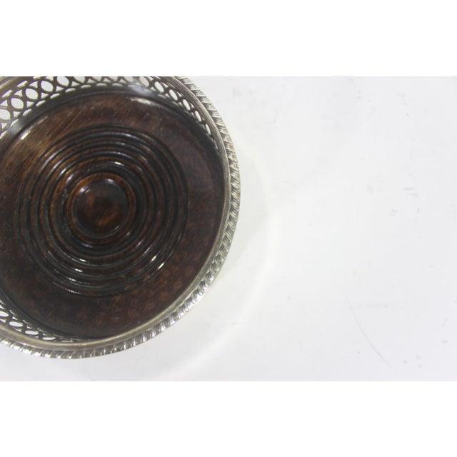 Vintage Silver Plated Wine Coaster With Wood Base and Pierced Sides, Bottle Holder, Shelf Decor, Entertaining Style, Patina For Sale - Image 6 of 8