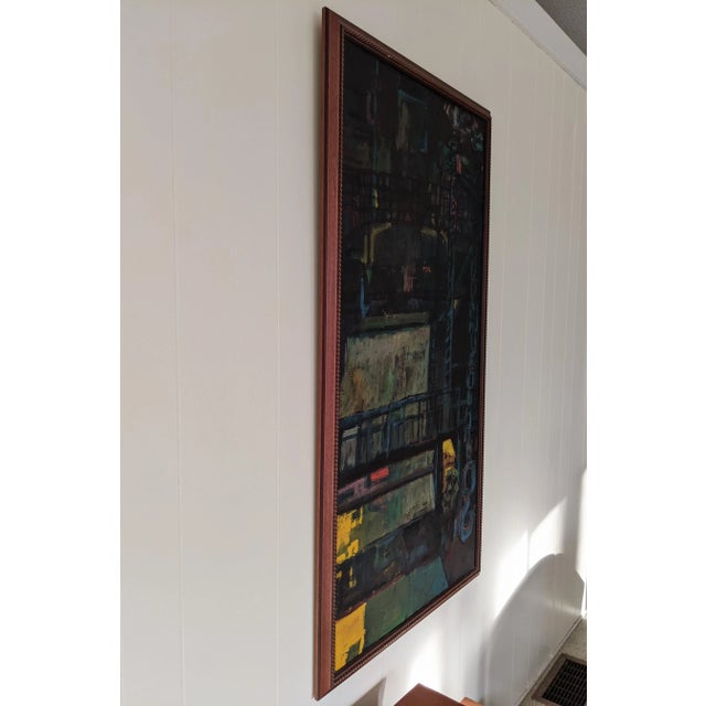 Vintage Modernist Brutalist Construction Scaffolding Architectural Building Oil Painting Framed For Sale - Image 9 of 12