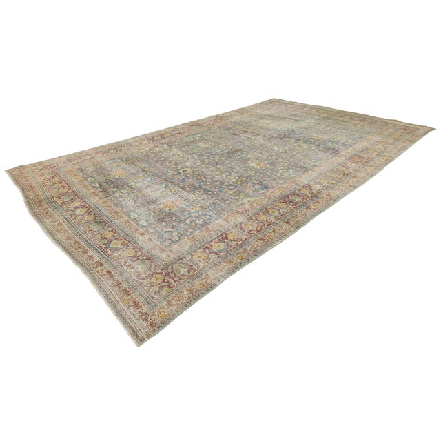 Antique Mashad Wool Rug With Allover Palmette Motifs & Muted Blue Patina For Sale - Image 11 of 12
