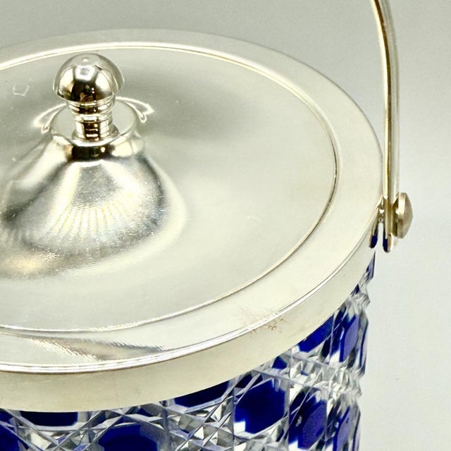 Mid-Century Modern Cobalt Blue Overlay Cut Crystal Biscuit Barrel with Silver-Plated Mount, 1950s For Sale - Image 15 of 18