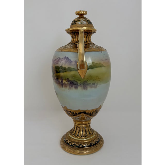 Antique Nippon Hand-Painted Scenic Covered Urn With Gilt & Jeweled Enamel, C. 1900 For Sale - Image 4 of 18