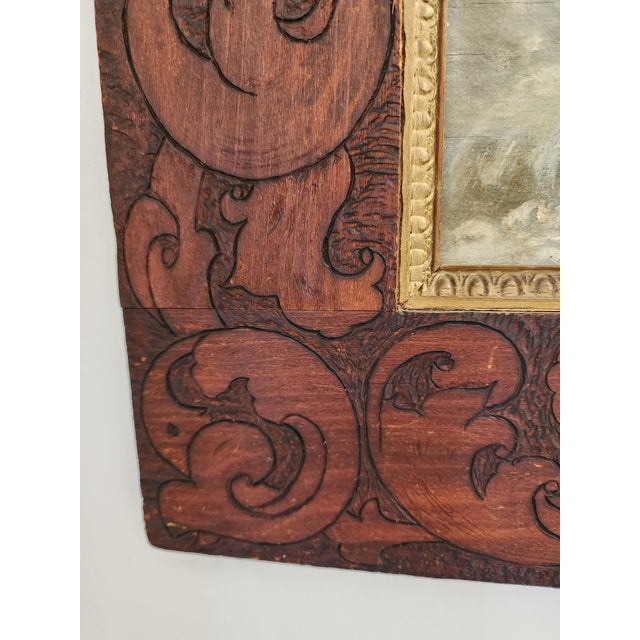 Wood 19th Century Dramatic Seascape Painting in Antique Arts & Crafts Pyrography Frame For Sale - Image 7 of 18