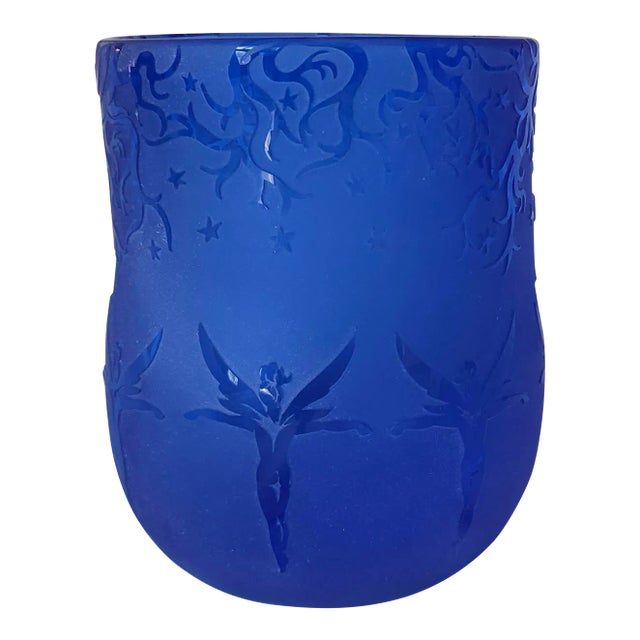 1990s Pilgrim Kelsey Blue Fairies Cameo Art Glass Vase, Signed Kelsey Murphy For Sale