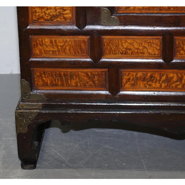 Antique Chinese Burr Elm & Brass Engraved Sideboard For Sale - Image 6 of 18