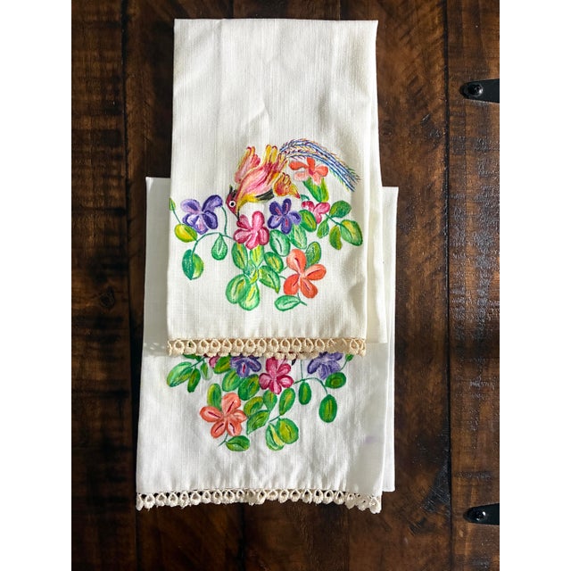 Vintage Hand Painted Hand Towel / Tea Towels or Kitchen Towel Lace Trim Ivory With Floral Bird Painting For Sale In Miami - Image 6 of 9