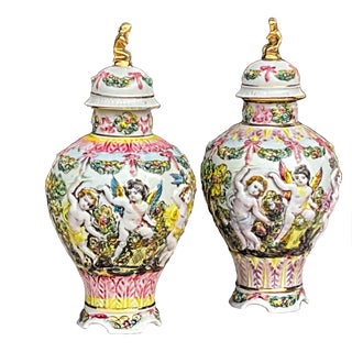 Mid-Century Hand Painted Italian Capodimonte Pottery Ginger Jars W/ Cherubs - Pair For Sale