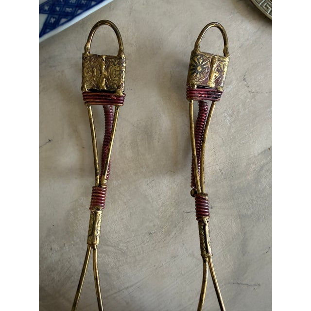 1980s Vintage Brass Salad Servers With Red Wire Wrapped Handles Boho Tableware For Sale - Image 5 of 9