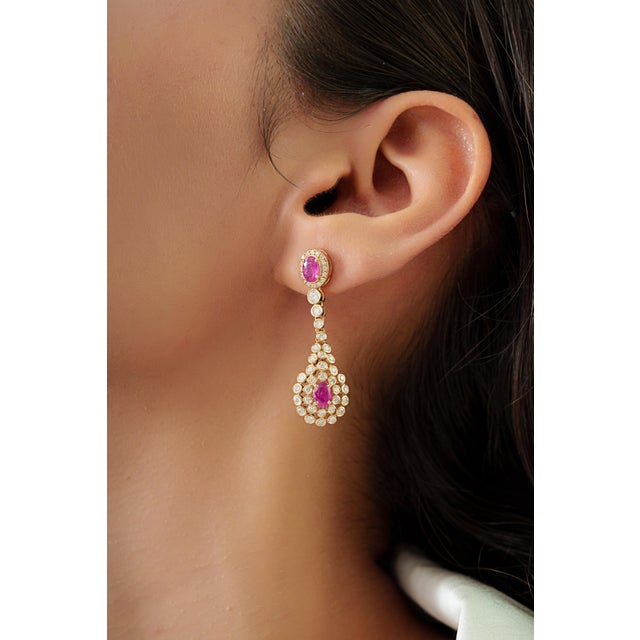 Ruby Red Art Deco Revival 1.71ct Ruby & 1.29ct Diamond Chandelier Drop Earrings 14k Gold- 2 Pieces For Sale - Image 8 of 12
