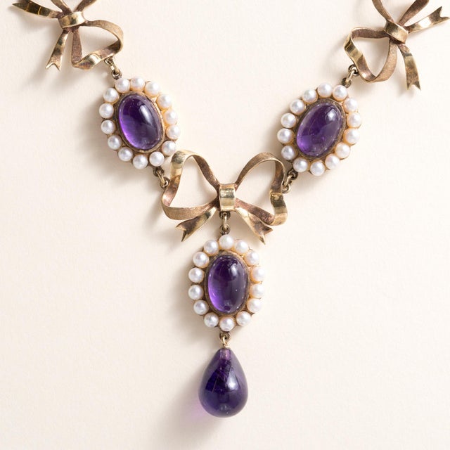 Antique Victorian Amethyst & Seed Pearl Swag Necklace Late 19th–Early 20th Century | 14K Gold | Art Nouveau / Belle Époque...