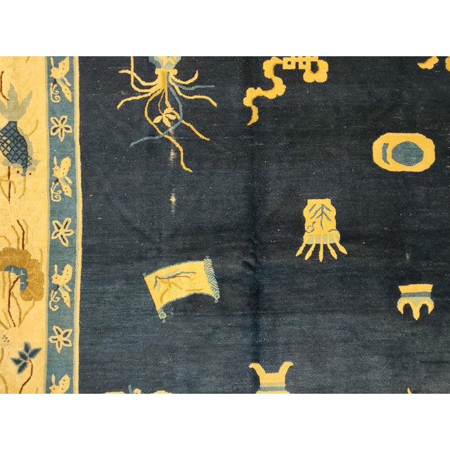 Late 19th Century 1880s Navy Blue and Tan Chinoiserie Pattern Floral Antique Chinese Peking Rug For Sale - Image 5 of 8