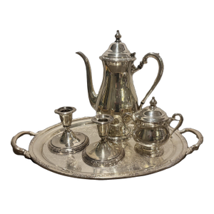 Vintage Camille Silverplate Tea/Coffee Items With Tray & Candle Sticks Holders - 5 Pieces