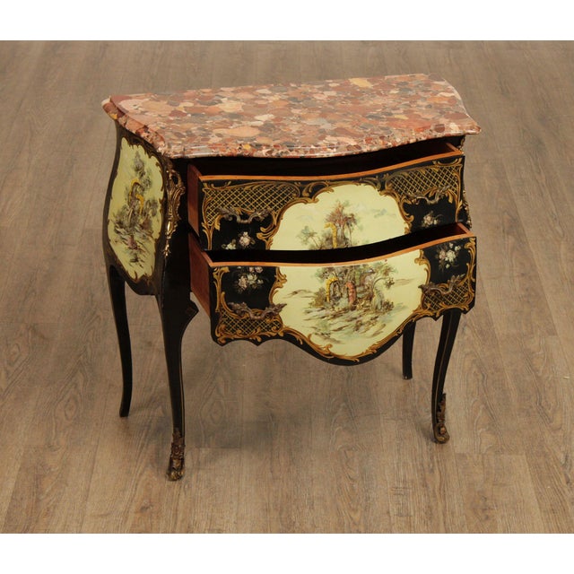 French Louis XV Style Hand Painted Marble Top Bombe Commode For Sale - Image 3 of 12