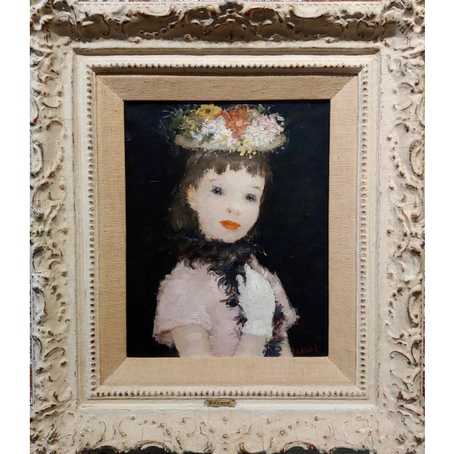 Dietz Edzard -Portrait of a Girl in Pink Dress & Hat of Flowers-Oil Painting French Impressionist Oil painting on canvas...
