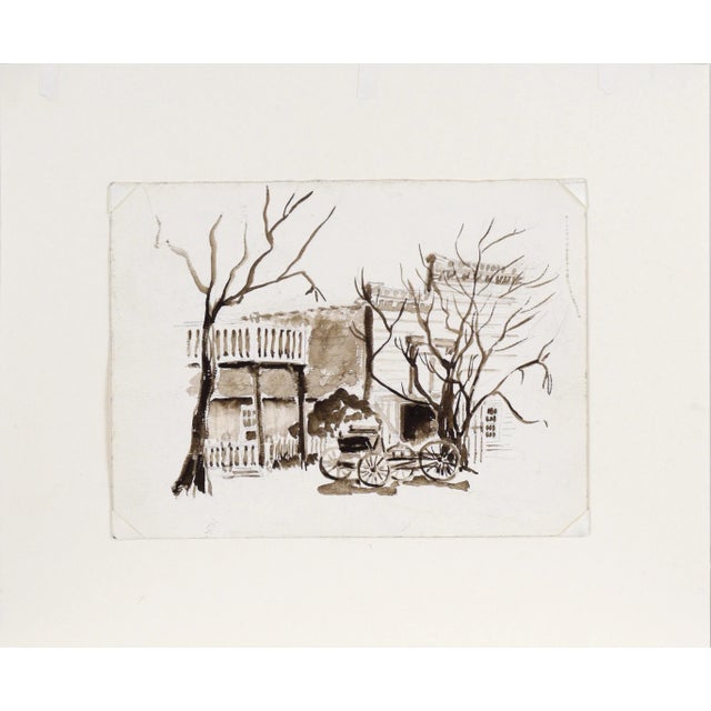 Delicate watercolor of a carriage in front of two buildings by an unknown artist (20th Century). A carriage sits in front...