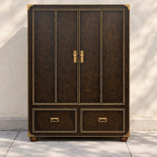 20th -C. Regency Campaign Style Leather and Brass Bar Cabinet / Armoire For Sale In Atlanta - Image 6 of 6