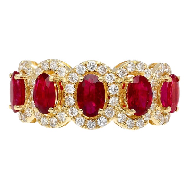 3.43 Carat Oval Cut Ruby and Diamond Halo Wedding Band Ring in 18K Gold For Sale