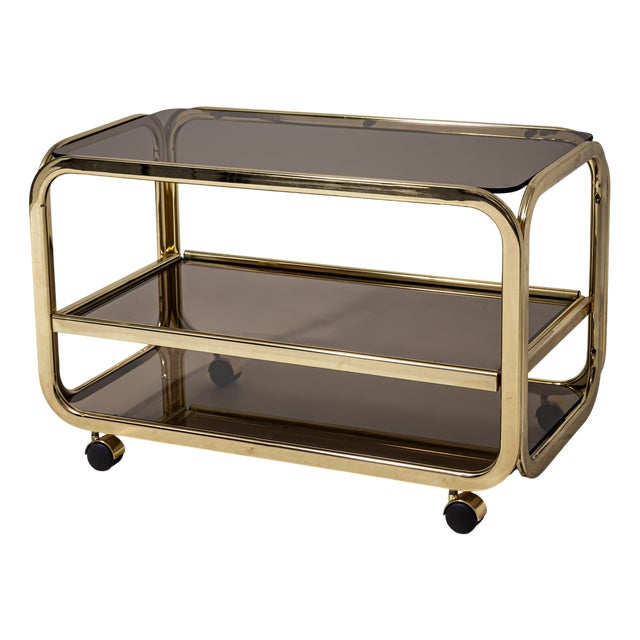 Vintage Brass and Smoked Glass Bar Cart, 1980s For Sale
