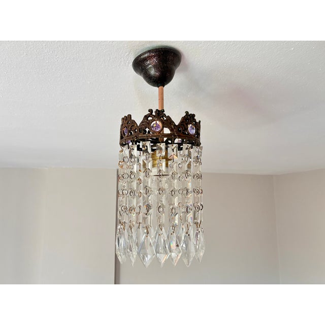 Small Vintage Crystal Chandelier – Bronze Filigree Crown & Amethyst Glass Accents For Sale - Image 16 of 18