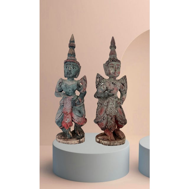 Antique Teppanom / Guardian Thai Angels, Carved Wood Statues or Figures - A Pair 18" For Sale - Image 10 of 11