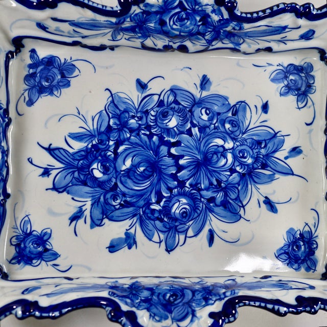 Mid 20th Century Vestal Alcobaca Portugal Blue and White Floral Handled Ceramic Serving Tray For Sale - Image 12 of 16
