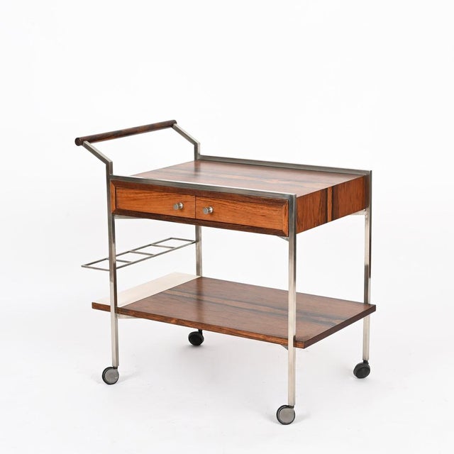 Serving Bar Cart with Drawers in Rosewood and Chrome by George Coslin, Italy, 1950s For Sale - Image 3 of 15