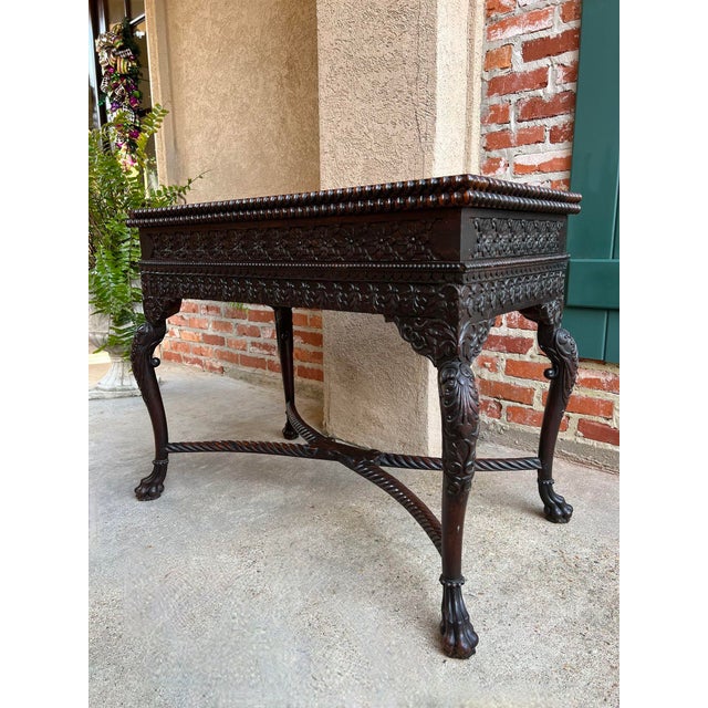 English Antique Foyer Hall Table British Colonial Carved Wood Leather Flip Top Burmese For Sale - Image 3 of 12