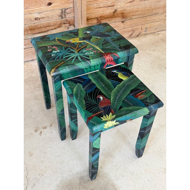 Pair of Hand-Painted Tropical Parrot and Jungle Nesting Tables For Sale - Image 12 of 12