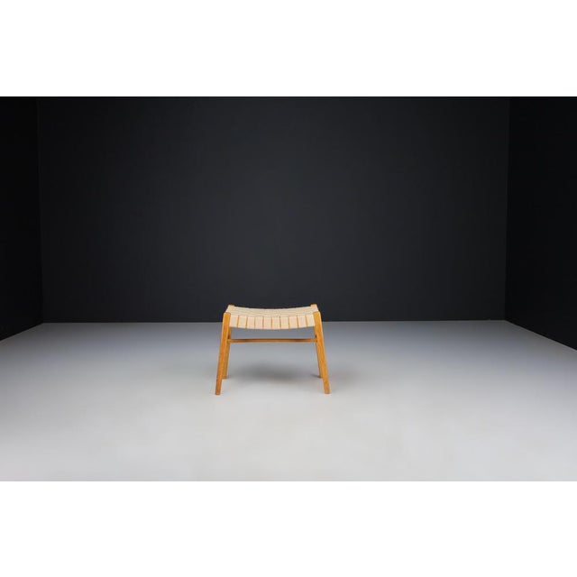 Mid-Century Modern Oak and Canvas Stool attributed to Jan Vaněk, Prague, 1940s For Sale - Image 4 of 12