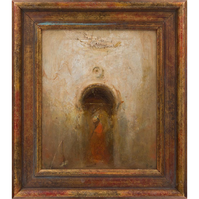 The painting features a dimly lit corridor, drawing the viewer's eye through a rounded archway that hints at an unseen...