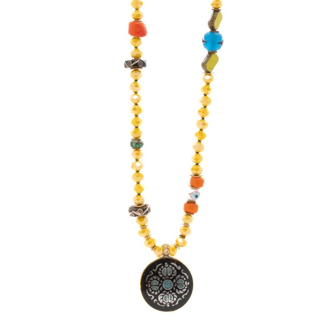 Colorful Nepal Mantra Pendant Yellow Beaded Long Necklace For Sale - Image 12 of 17