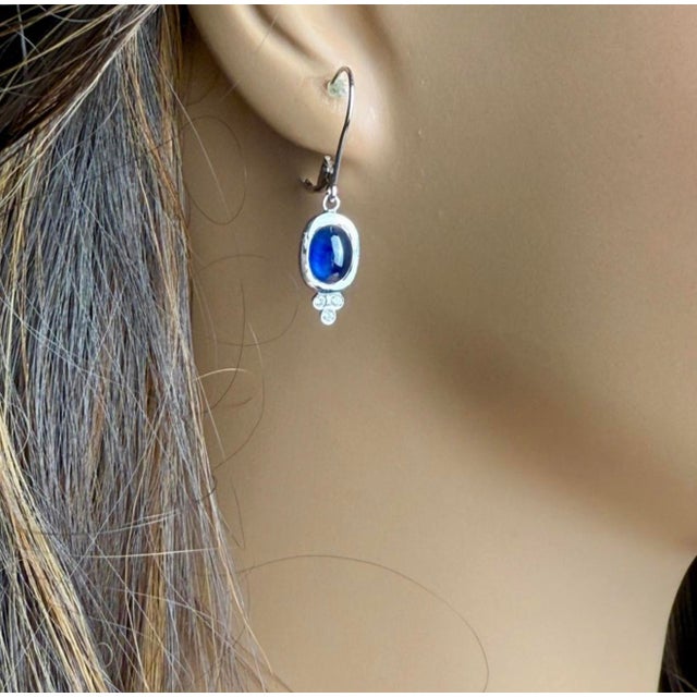 14k Gold Lever Back Earrings With 4.15 Carat Cabochon Sapphire and Diamond, A Pair For Sale - Image 9 of 9