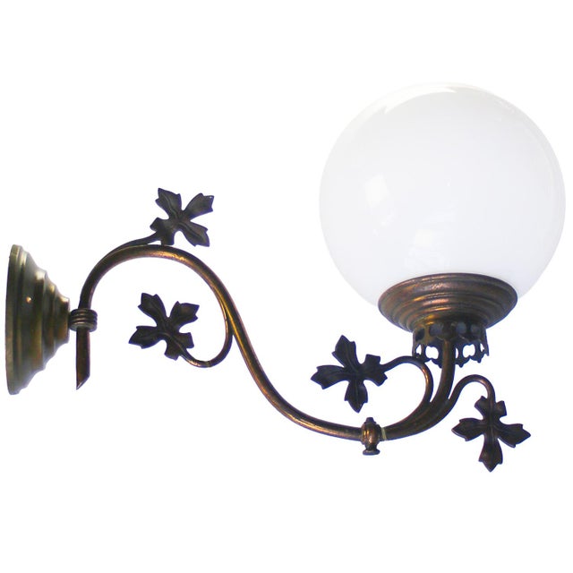 Metal Belgian Art Nouveau Wall Light with Brass Arm and Opaline Glass Globe For Sale - Image 7 of 10