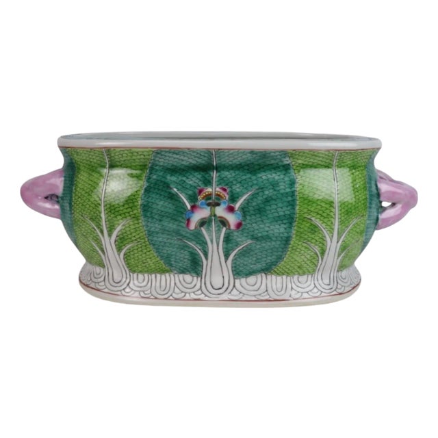 Hand-Painted Bok Choy Motif Oval Porcelain Foot Bath Cache Pot - Famille Verte Jingdezhen For Sale