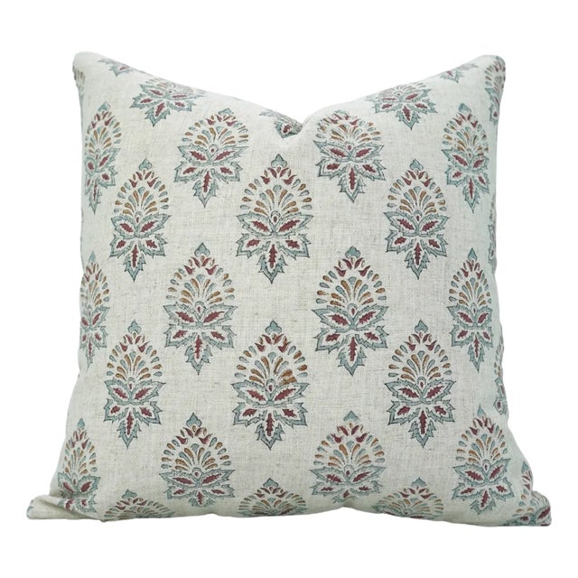 Fabdivine Floral Block Print Pillow Cover 22x22 Inch Viscose Linen-Samrat For Sale