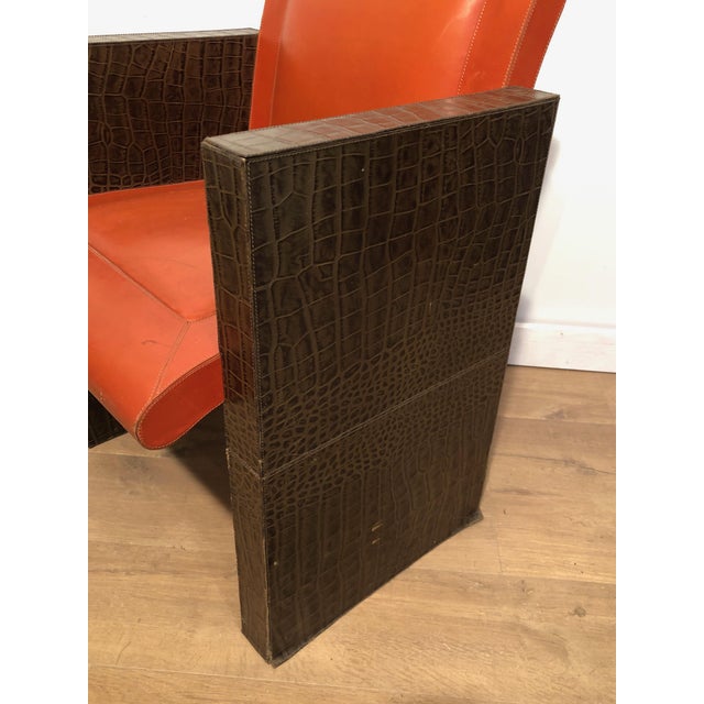 Mid-Century Modern 1970s French Orangeish and Brown Leather Armchairs - a Pair For Sale - Image 3 of 12