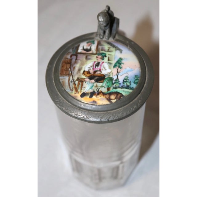 Metal Antique 1800's Hand Painted Porcelain Glass Pewter German Lidded Beer Stein Mug For Sale - Image 7 of 12