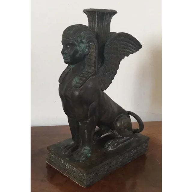 Traditional 19th Century Grand Tour Egyptian Revival Bronze Winged Sphinx Candlestick For Sale - Image 3 of 11
