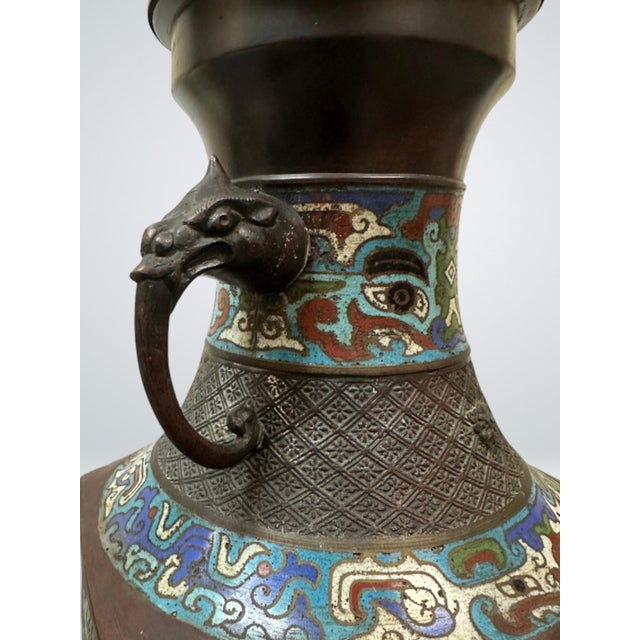 Chinese Dragon Handle Bronze Cloisonné Lamp, Early 20th Century For Sale In San Diego - Image 6 of 11