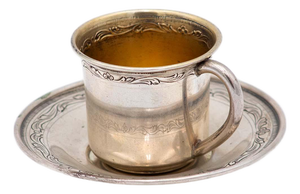 Engraved Silver Cup and Saucer with Gilt Interior, Set of 2