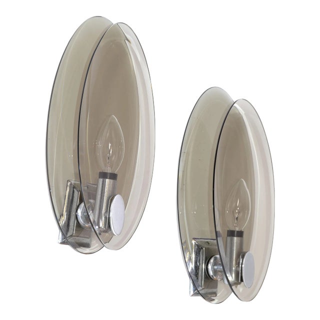 Pair, Vintage Fontana Arte Style Smoke Beveled Glass Sconces Wall Lights Italy For Sale
