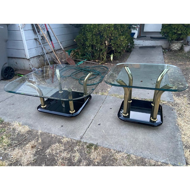 Black Vintage Postmodern Attributed to Karl Springer Style Brass Tusks Coffee Table & End Table Set For Sale - Image 8 of 12