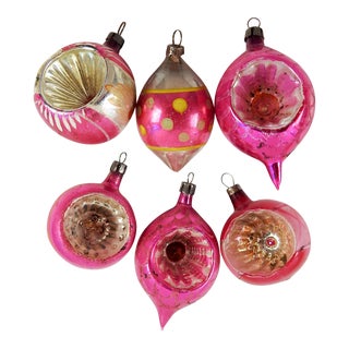 Hot Pink Vintage Blown Glass Christmans Ornaments - Set 5 For Sale