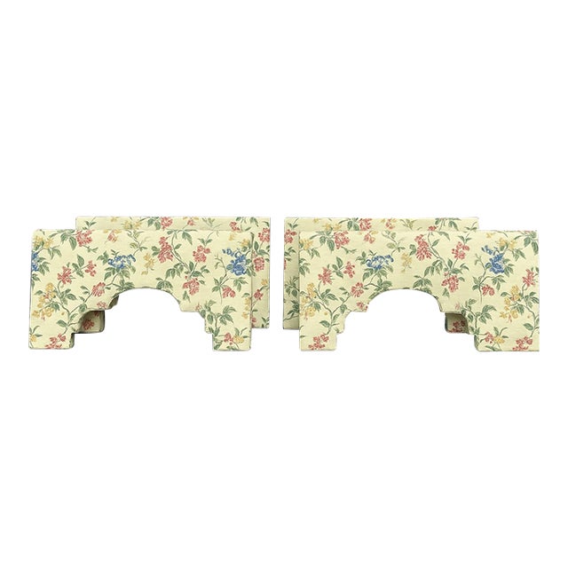 Vintage Custom Upholstered Wood Window Cornices Valances With Jacquard Floral Fabric. Set of Four For Sale